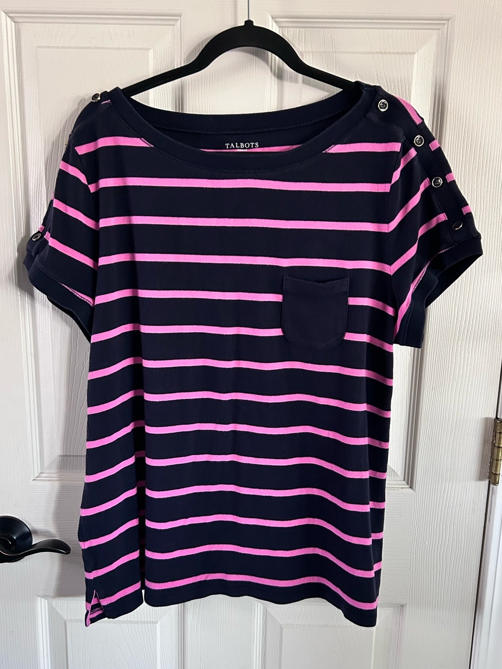 Talbots Navy with Pink Stripe Short Sleeve Tee Plus Size 2X Button Detail Casual